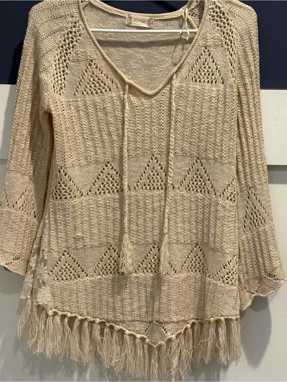 Altar'd State Cream Crochet Fringe Poncho Sweater Size S